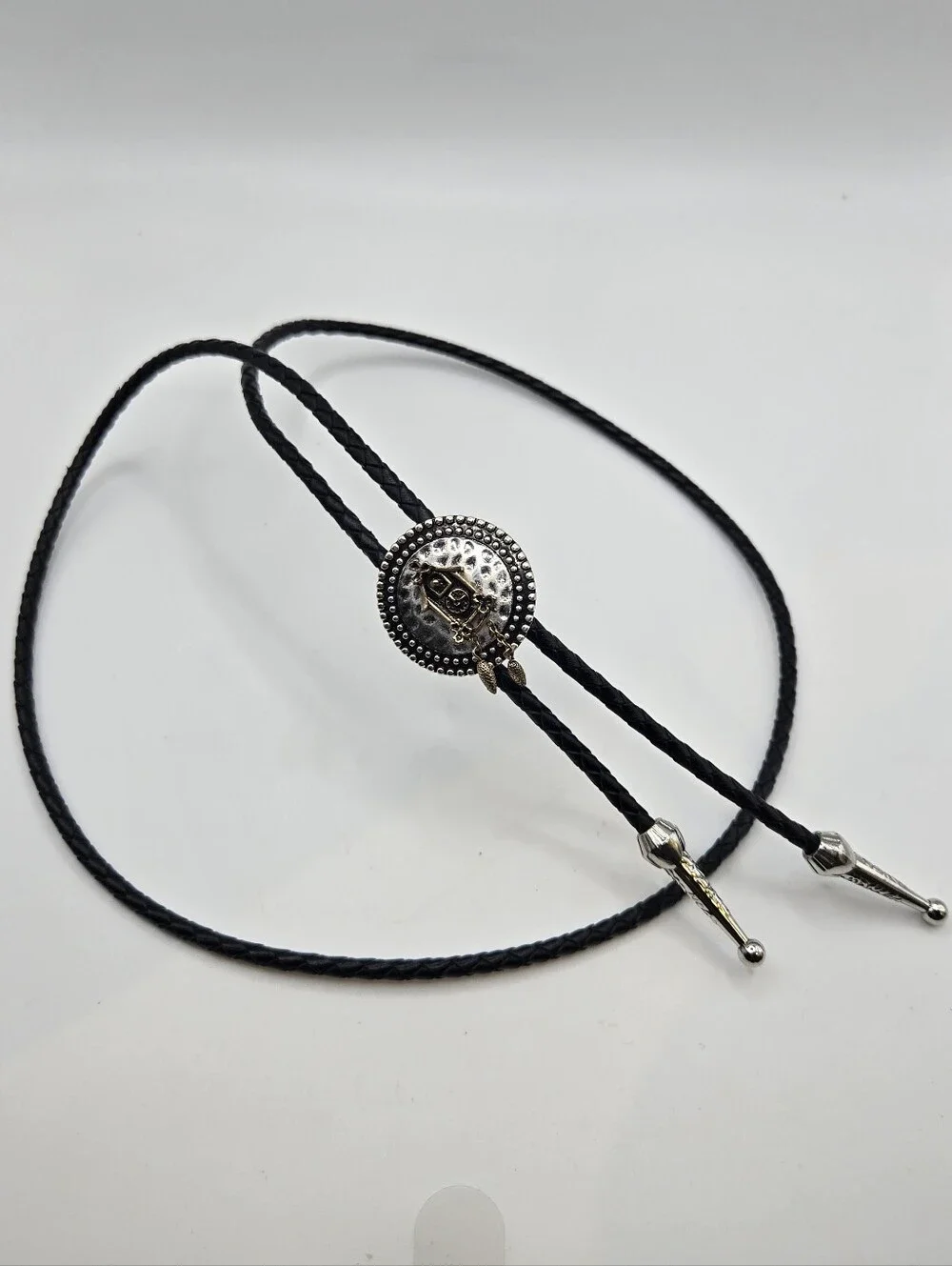 Silver Western Bolo Tie Avon Cuckoo Clock Medallion Leather Braid 70s Eclectic